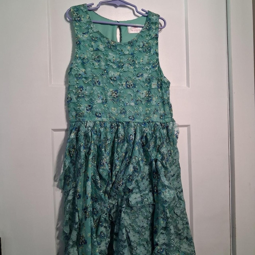 Justice Girls Teal Floral Lace Tiered Ruffle Sleeveless Party Dress Size 12